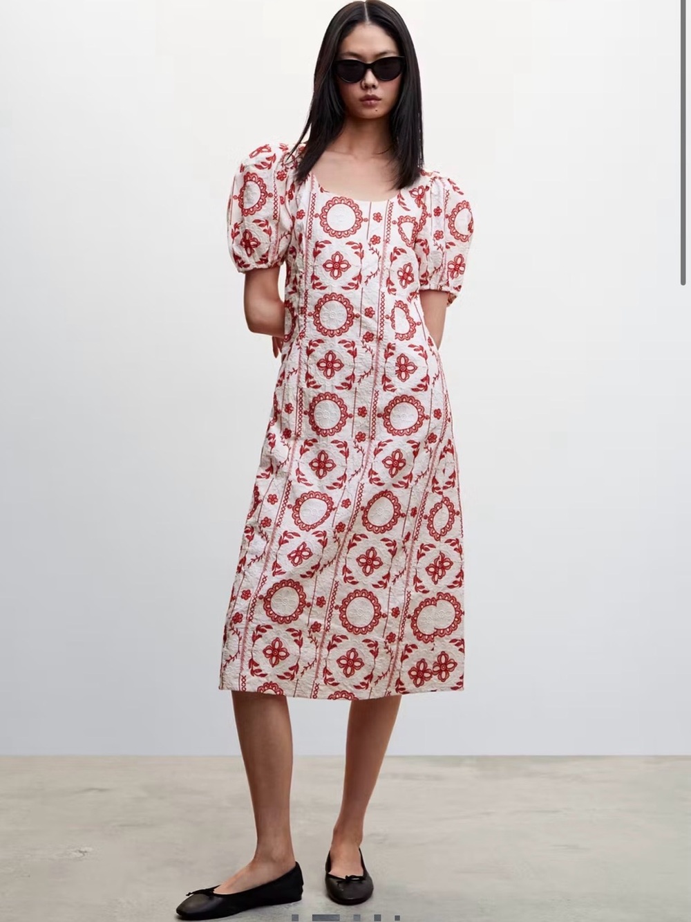 Mango Women’s Embroidered Cotton Puff-Sleeve Midi Dress in Red and White NWT